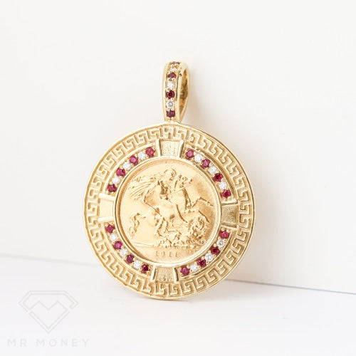 Half Sovereign Gold Diamond Ruby Pendant Greek Key Frame